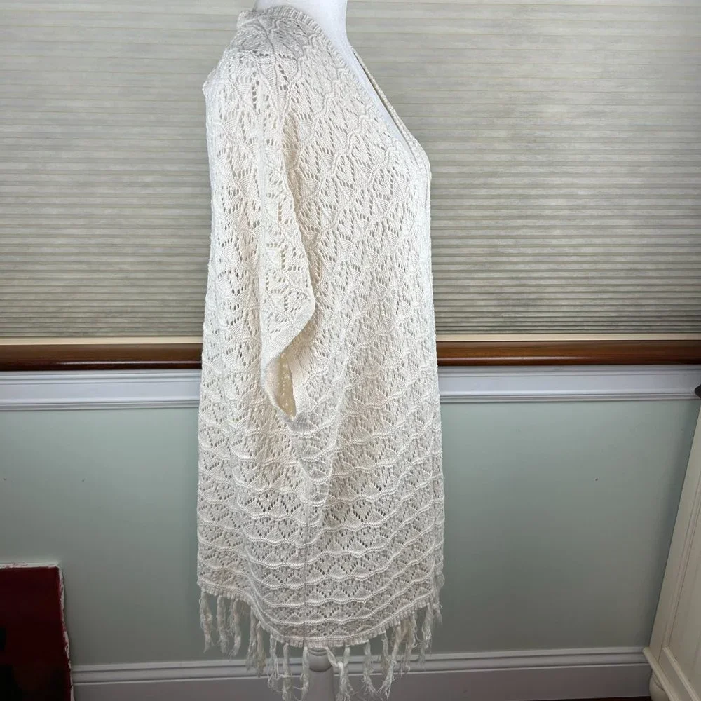 LA Hearts Cotton Linen Crochet Open Knit Open Front Longline Fringed Cardigan